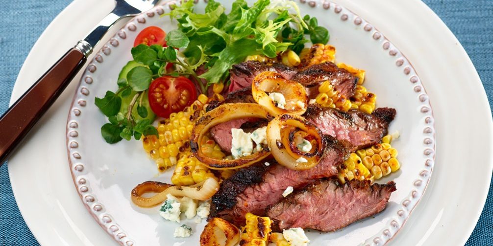 Marinated Hanger Steak with Grilled Onions Sweet Corn and Blue Cheese ...