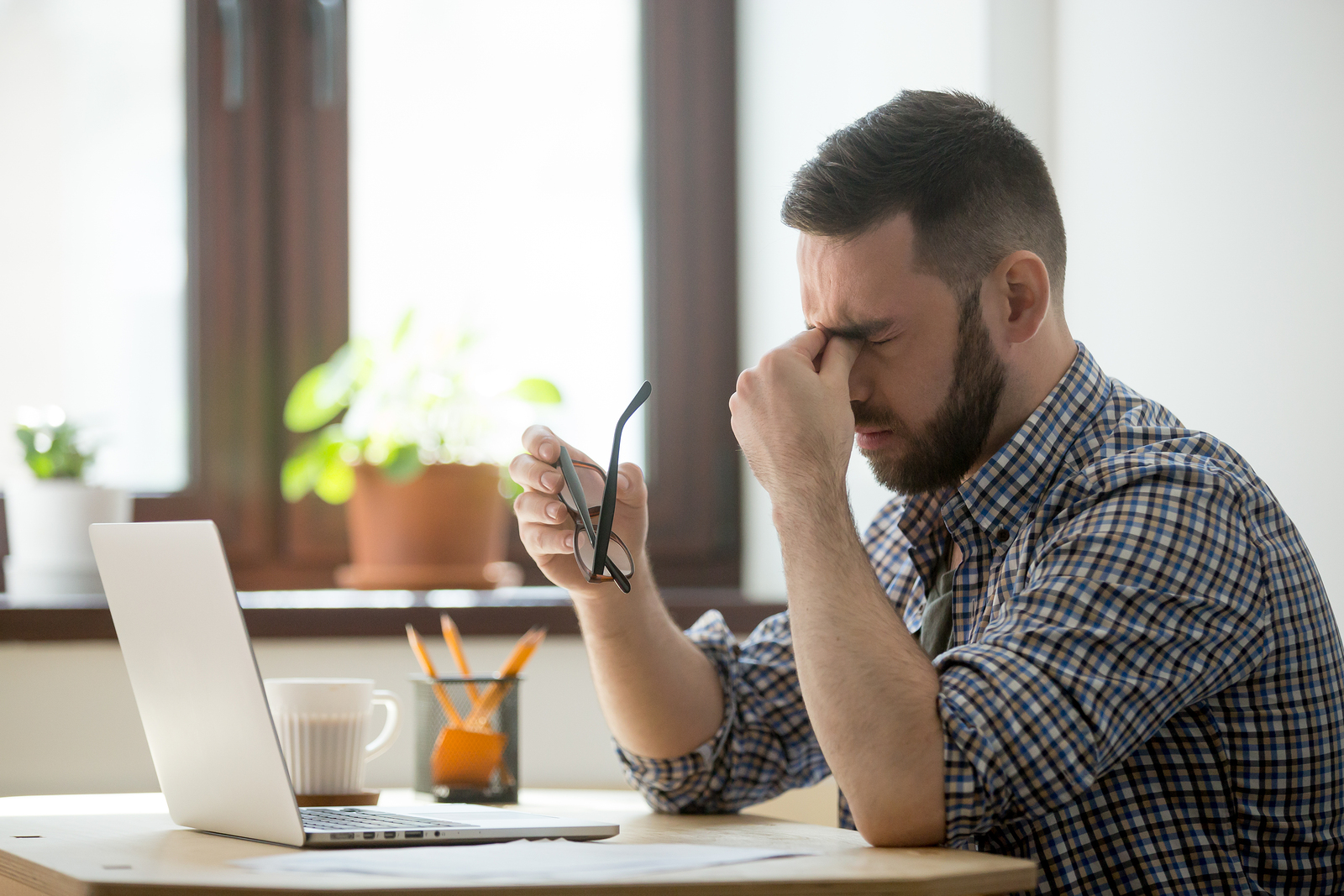 Tired Stressed Male Worker Taking Off Glasses Person Massaging